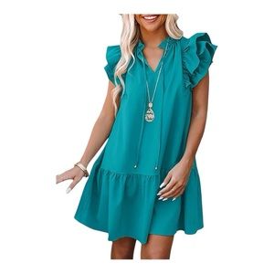 Teal Tiered Ruffle Mini Dress with pockets and tie